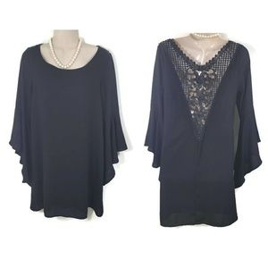 Sage Bell Sleeve Crochet Back Shift Dress Size S